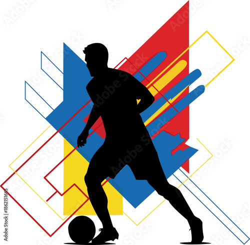 Silhouette of soccer player with abstract elements. Perfect for sports blogs, posters, or social media posts with dynamic visuals.