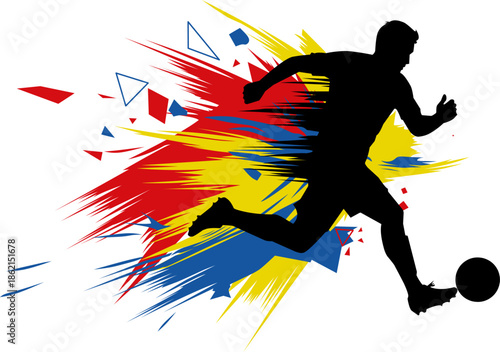 Silhouette of soccer player with abstract elements. Perfect for sports blogs, posters, or social media posts with dynamic visuals.