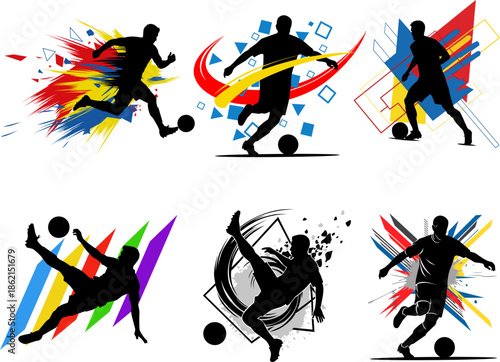 Silhouettes of soccer players in action with colorful designs, perfect for sportsthemed designs, posters, and event promotions. Vibrant and dynamic visuals for sports enthusiasts.