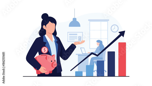 Modern vector illustration of piggy bank with rising rounded bars, financial planning, savings growth, and stable business profit concept