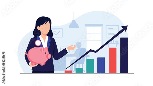 Modern vector illustration of piggy bank with rising rounded bars, financial planning, savings growth, and stable business profit concept