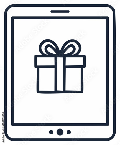 Digital tablet displaying a gift box icon for online presents and special offers