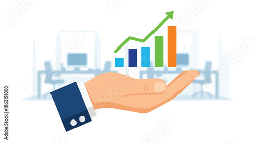 Modern vector illustration of hand holding growing chart with rounded shapes, support, mentorship, and business development concept for companies and startups