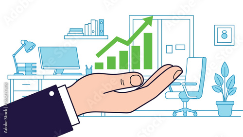 Modern vector illustration of hand holding growing chart with rounded shapes, support, mentorship, and business development concept for companies and startups