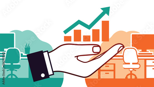 Modern vector illustration of hand holding growing chart with rounded shapes, support, mentorship, and business development concept for companies and startups