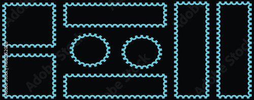 Blue postage stamps set. Post stamp frames and borders. Rectangle, square template for mail, postcard, letter, note. Vector zigzag objects for badge, sticker, photo. Vector illustration set