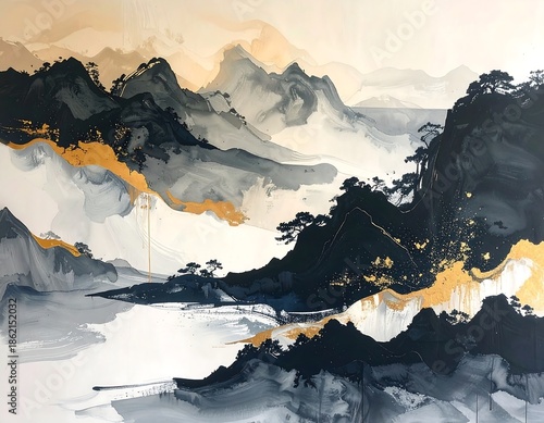Traditional Chinese Painting of Mountains and Water.