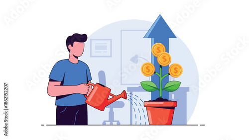 Modern vector illustration of person watering arrow-shaped plant, nurturing business growth, development, and long-term success concept