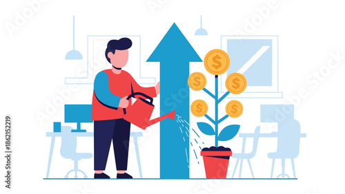 Modern vector illustration of person watering arrow-shaped plant, nurturing business growth, development, and long-term success concept