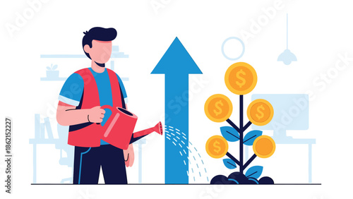 Modern vector illustration of person watering arrow-shaped plant, nurturing business growth, development, and long-term success concept
