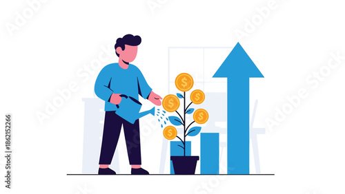 Modern vector illustration of person watering arrow-shaped plant, nurturing business growth, development, and long-term success concept