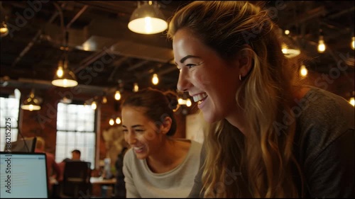 Senior female software developer working late in a cozy office environment with warm lighting and multiple screens writing code.