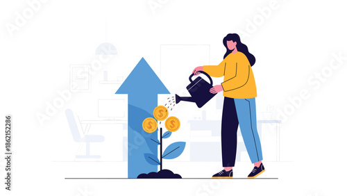 Modern vector illustration of person watering arrow-shaped plant, nurturing business growth, development, and long-term success concept
