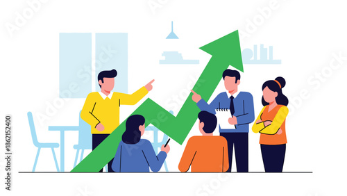 Modern vector illustration of team brainstorming around central growth arrow, innovation, collaboration, and strategic business growth concept