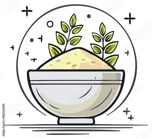 Bowl of grain with sprouting plants illustration in stylized circle