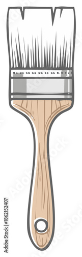 Illustrated painting brush with wooden handle and natural bristle hairs for art and craft projects