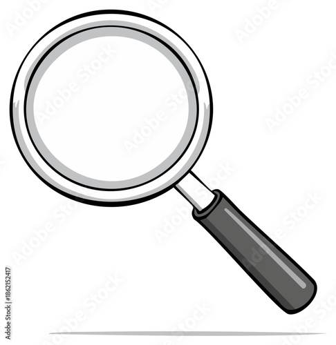 A simple, cartoon-style magnifying glass with a dark grey handle and silver rim