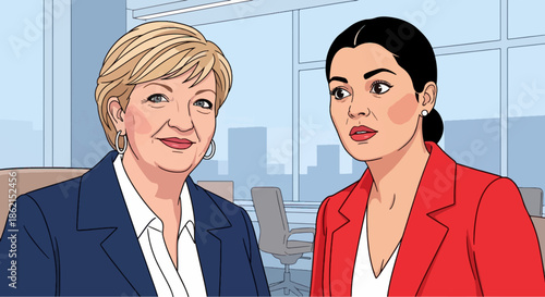 Two women are talking in a room. One of them is wearing a red jacket. The other woman is wearing a blue jacket