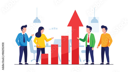 Modern vector illustration of team brainstorming around central growth arrow, innovation, collaboration, and strategic business growth concept