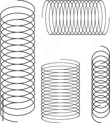 Abstract line art illustrations of various helical coil spring shapes