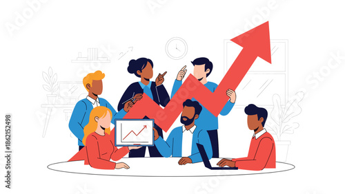 Modern vector illustration of team brainstorming around central growth arrow, innovation, collaboration, and strategic business growth concept
