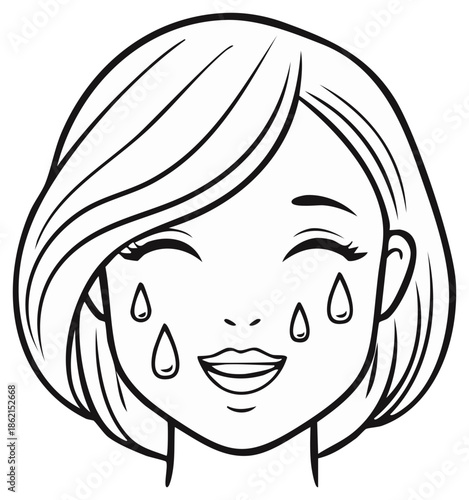Woman crying tears of joy with a happy smile and closed eyes, line art illustration