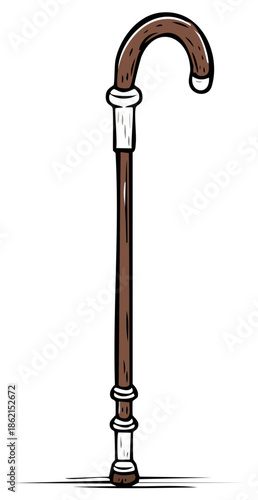 Cartoon illustration of a wooden walking cane, vintage style.