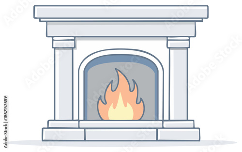 Classic fireplace cartoon illustration with flames, stone columns, and decorative structure.
