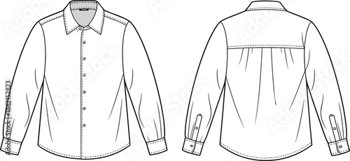 Long sleeve button up shirt fashion technical flat illustration showing front and back views for mens apparel pattern design outline sketch