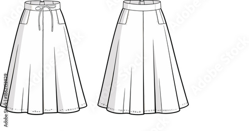 Pleated midi skirt fashion technical flat illustration showing front and back views with waistband pockets womens apparel design outline vector