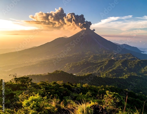 Volcano Erupting at Sunrise in Mountains.