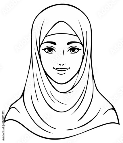 Muslim Woman Portrait in Hijab Head Covering Illustration Black and White Line Art