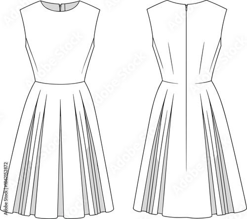 Sleeveless dress fashion technical flat featuring front and back views pleated skirt womens apparel pattern outline illustration