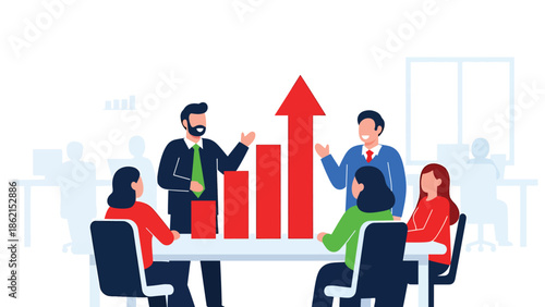Modern vector illustration of team brainstorming around central growth arrow, innovation, collaboration, and strategic business growth concept