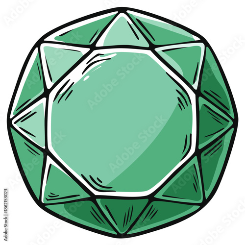 Green gemstone illustration, faceted jewel with a dark outline.