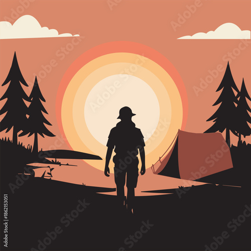 Man walking towards tent in front of sunset over lake.