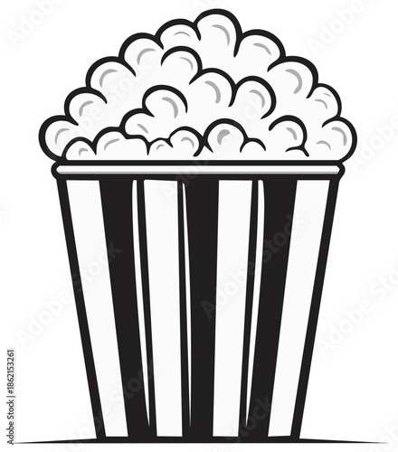 Classic black and white popcorn illustration in a striped bucket perfect for movie theater snack time