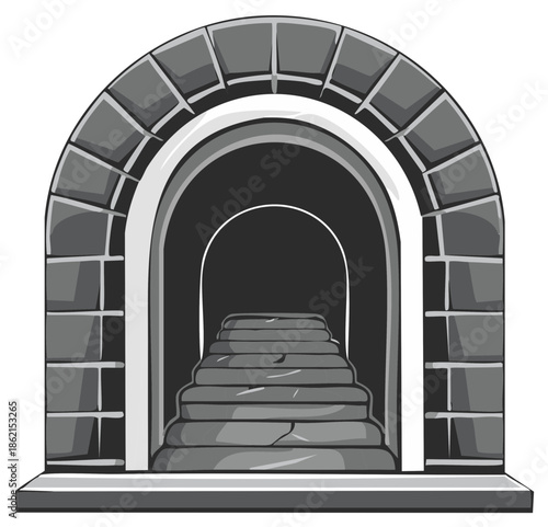 Stone archway leads to dark stairway with circular ceiling