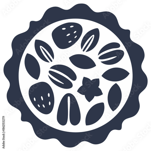Stylized illustration of a fruit tart with nuts and berries