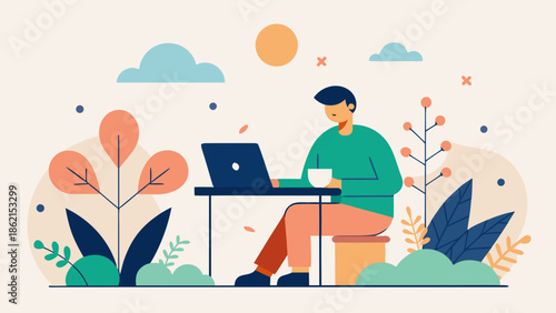 Man working on laptop with coffee cup at outdoor table surrounded by nature in flat style