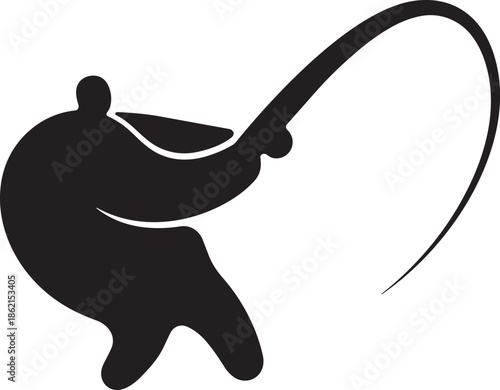Simplified figure casting line with fishing rod bending arc suggesting sport of angling or catching fish outdoors