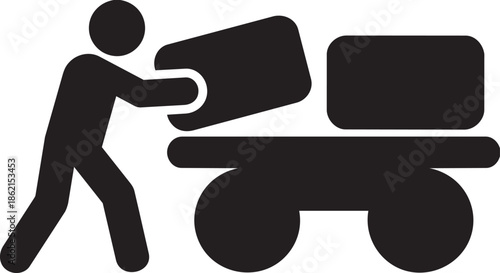 Stick figure loading cargo box onto hand truck or dolly for delivery service
