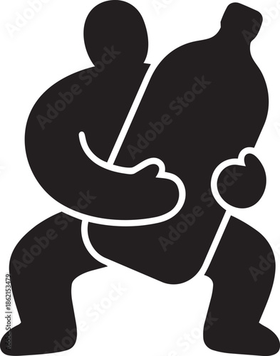 Stylized figure of strongman carrying heavy oversize container possibly sake bottle vector silhouette illustration.