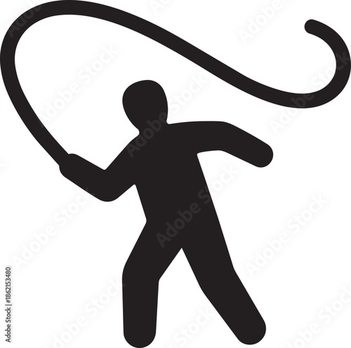 Stylized person silhouette wielding a long thin whip in dynamic action pose suggesting control or command