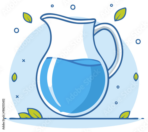 Stylized illustration of a glass pitcher filled with blue water and green leaves