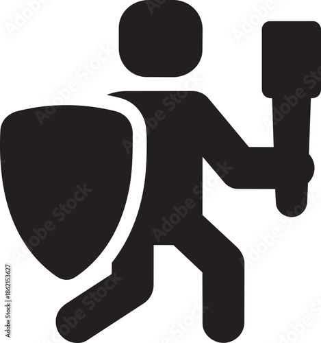 Warrior character holding shield and torch silhouette symbol isolated on transparent background