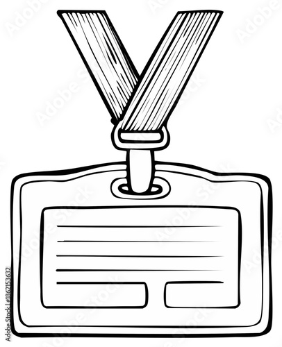 Hand drawn blank ID badge or name tag template with lanyard for identification