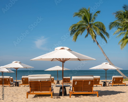 Sunny Tropical Beach Scene with Empty Lounge Chairs and Palm Trees