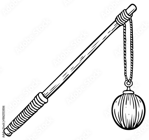 Cartoon Line Art Illustration of a Medieval Mace Weapon with Chain and Ball