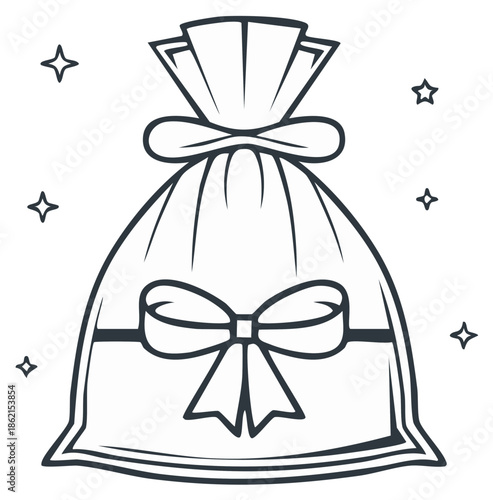 Gift bag illustration with bow and sparkles, vector drawing for festive occasions